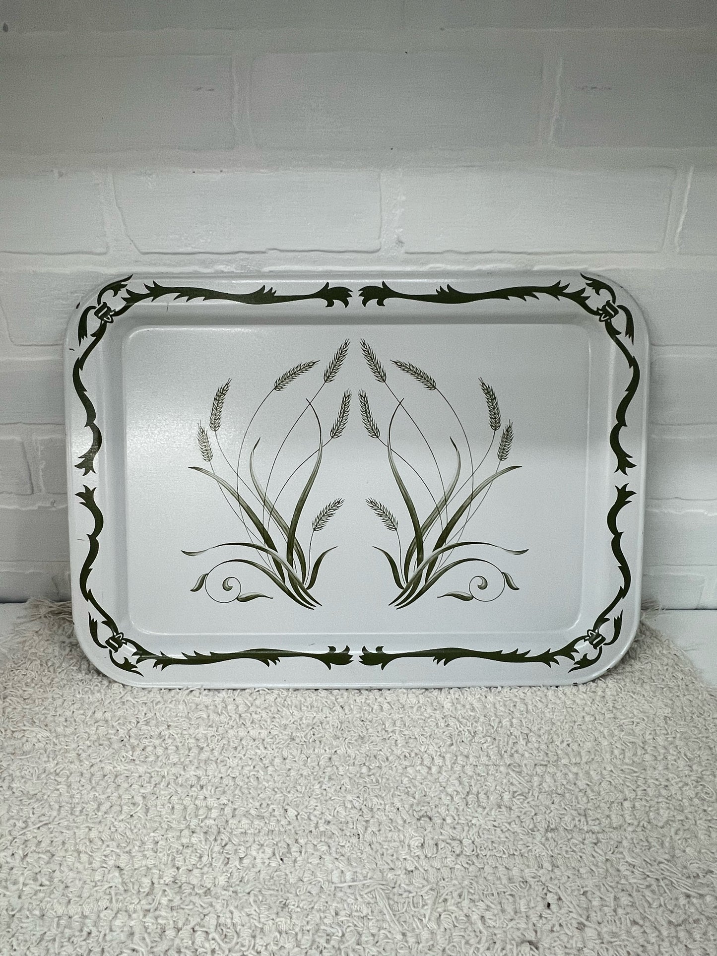 Vintage green & white metal serving tray