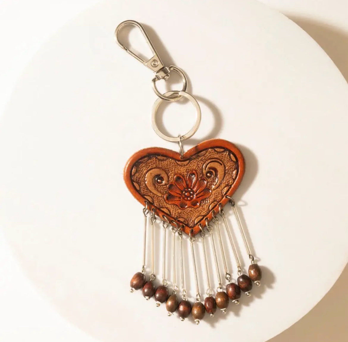 Myra Bag Sweetheart Tooled Tassel Keychain in Cocoa Brown