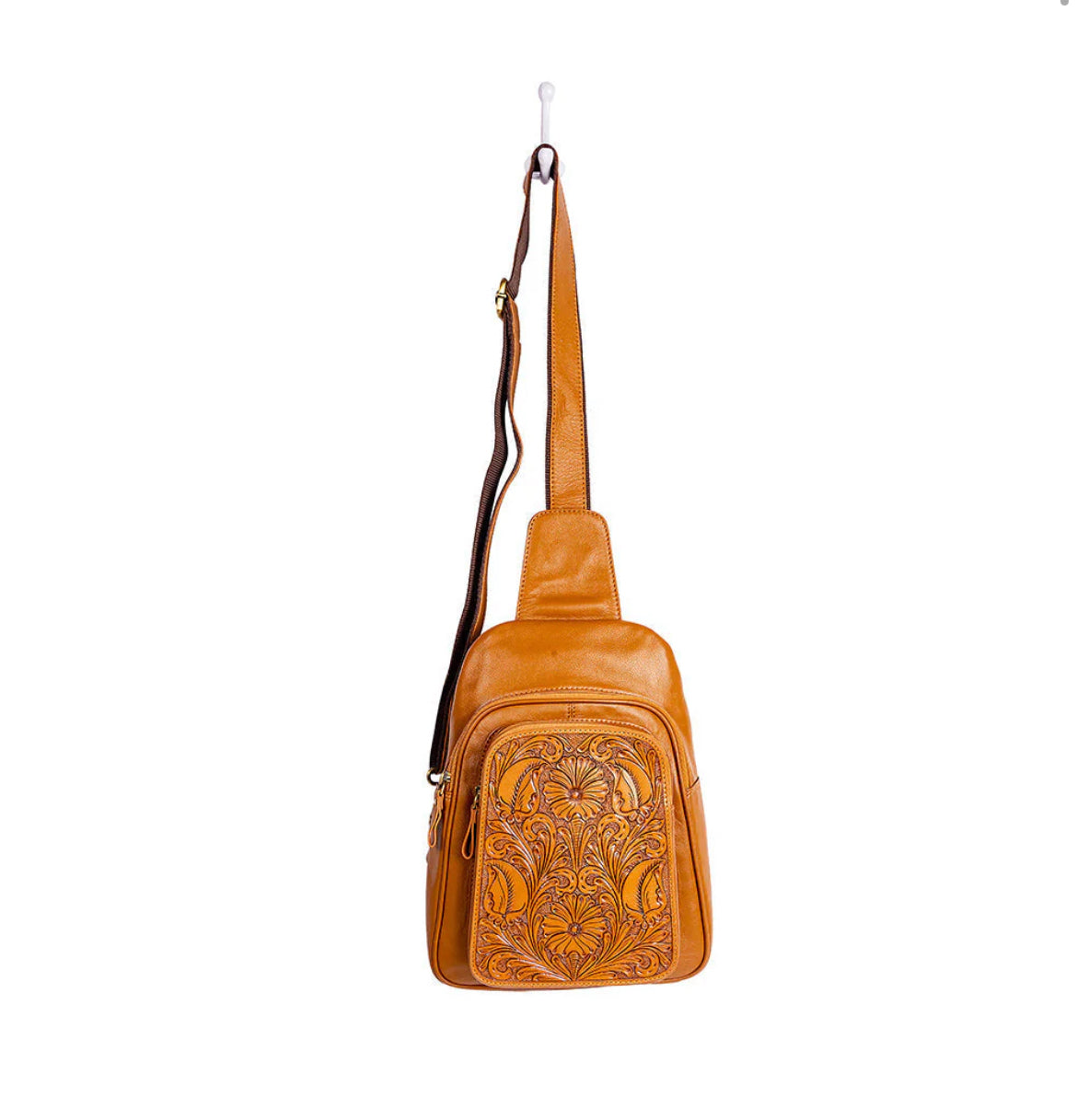 Myra Bag  Ranch Trail Leather Fanny Pack Bag – Caramel Hand-Tooled Sling Crossbody with Adjustable Canvas Strap