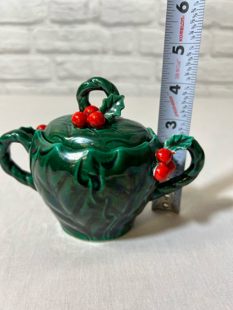 Lefton holly Christmas green sugar bowl