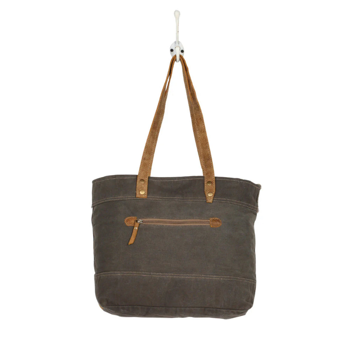 Myra Bag Oromos Canvas Tote Bag – Large Tribal Print Canvas & Leather Shoulder Bag with Hairon Detail, 18"x13", Women’s Boho Tote