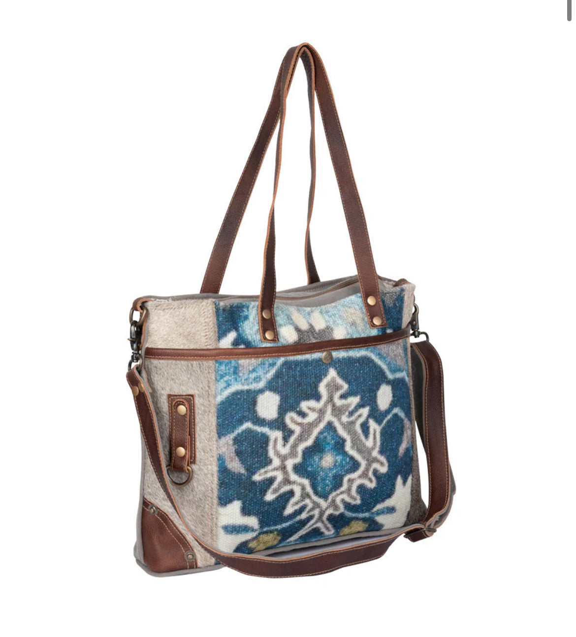 Myra Bag Iridescent Tote Bag – Large Canvas & Leather Shoulder Bag with Hairon Rug Accents, 18.5"x12.5", Women’s Boho Travel Tote