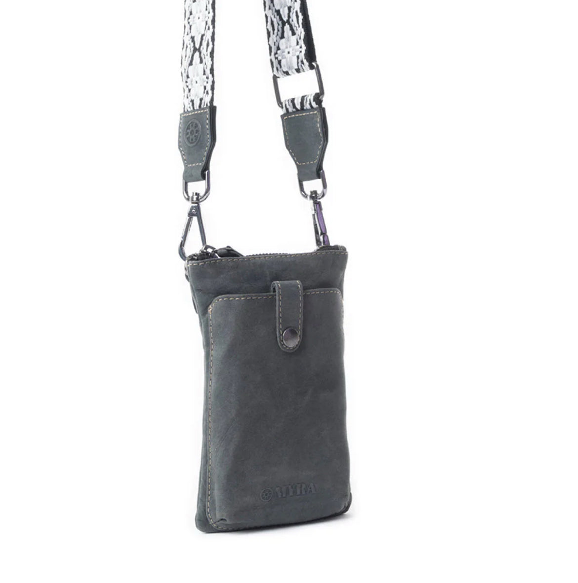 Myra Bag Saguaro Scout Leather Crossbody Bag in Black – Compact Genuine Leather Messenger with Woven Canvas Strap, 7"x4.75", Women’s Southwestern Travel Bag