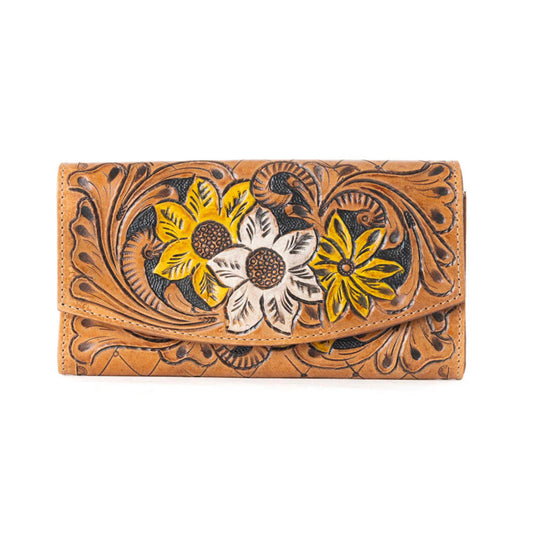 Myra Bag Brown Leather Garden Wallet – Women’s Genuine Leather Wallet with Embossed Floral Motif, 8"x4", Western Boho Clutch Style
