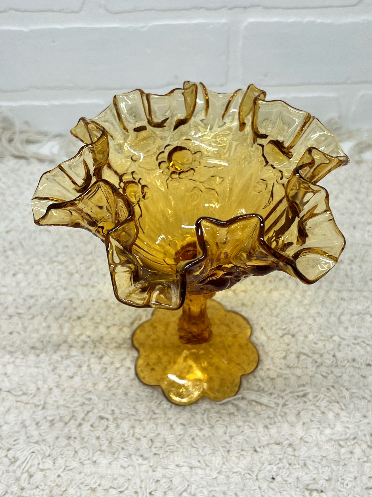 Fenton Compote Dish - Frilly Amber Glass