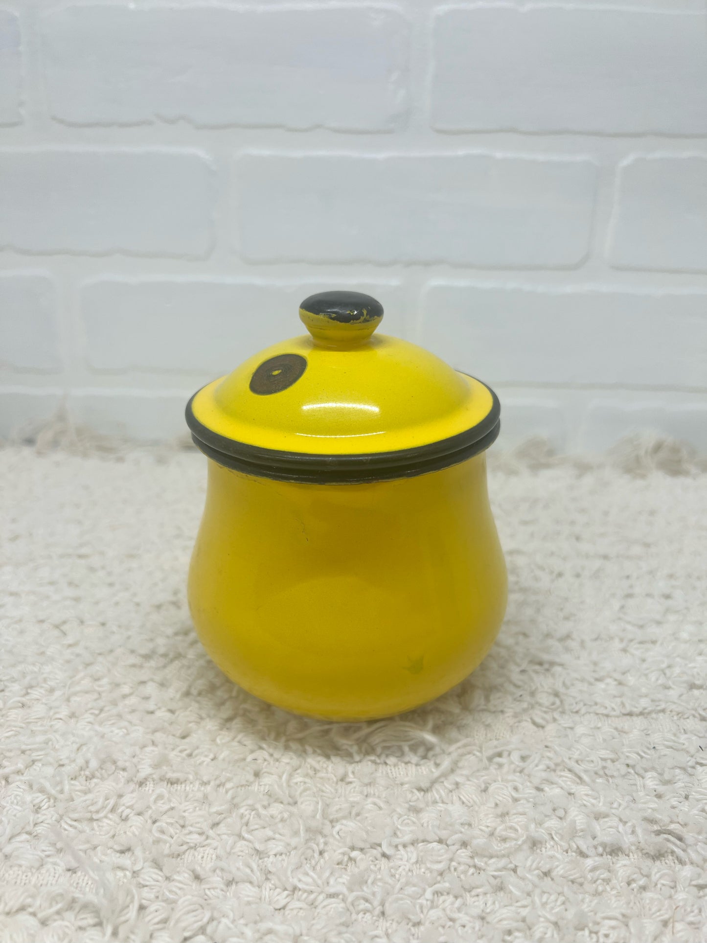 Vintage yellow enamelware lidded pot