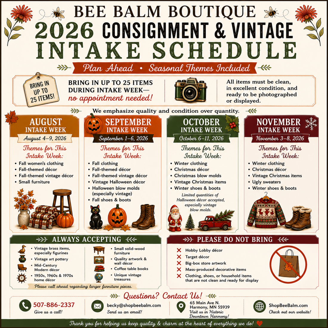 Plan Ahead: Bee Balm Boutique's 2026 Consignment &amp; Vintage Intake Schedule