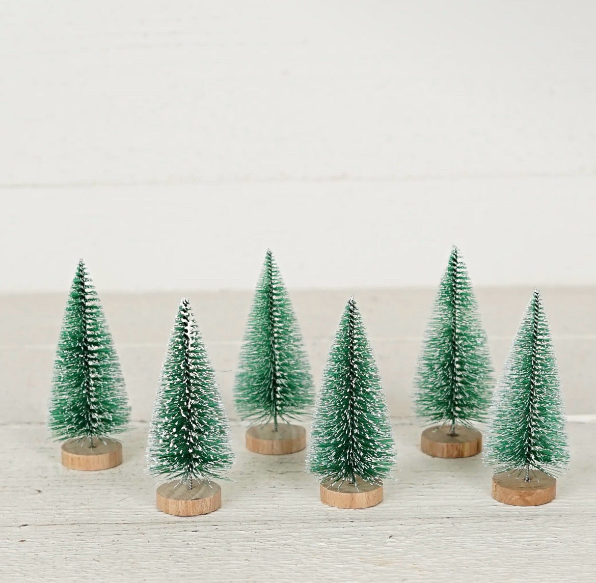 Set of Six Four-Inch Snowy Bottle Brush Trees