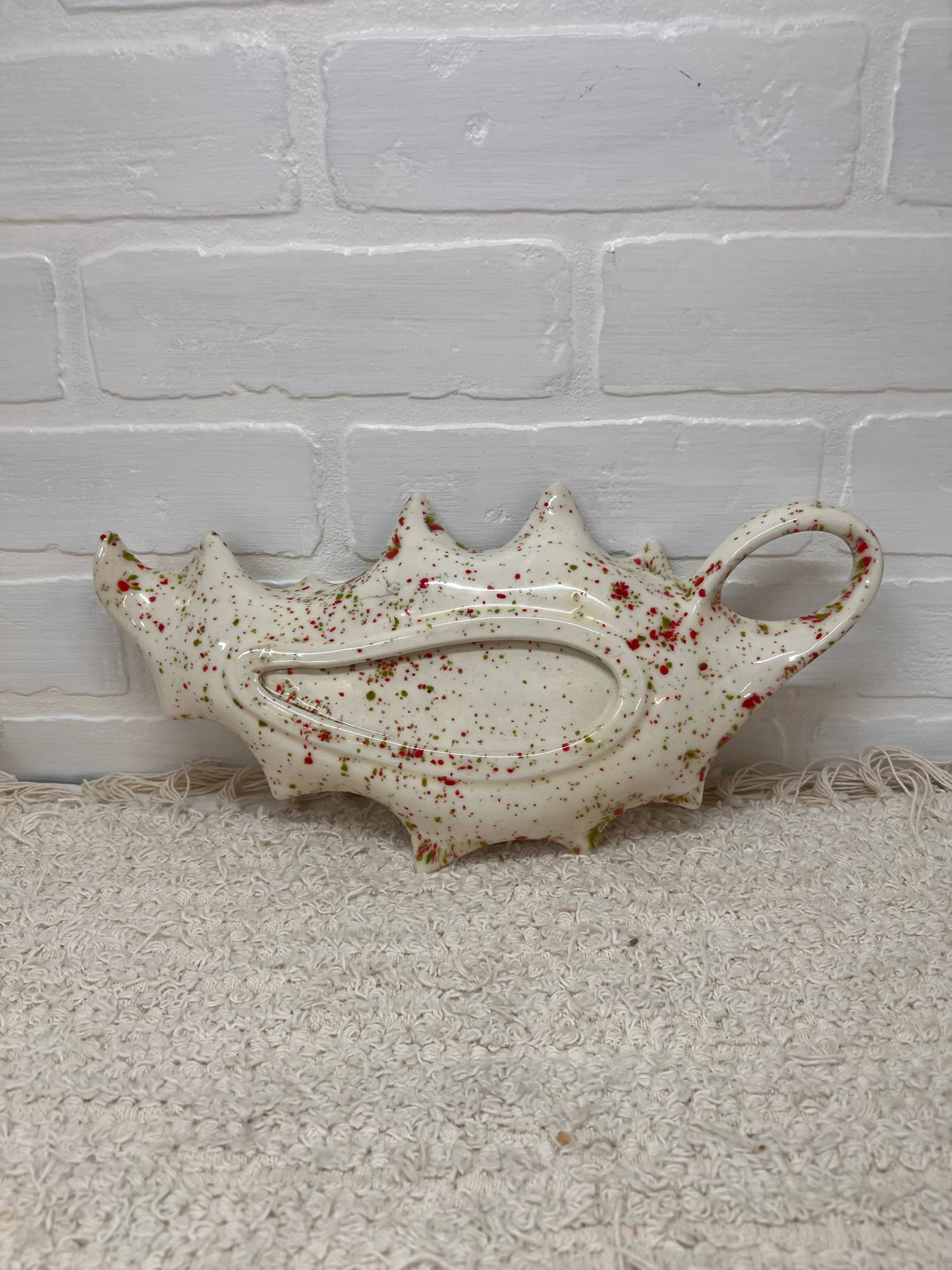 Vintage Ceramic Spatterware 1970's Holly Leaf Tray