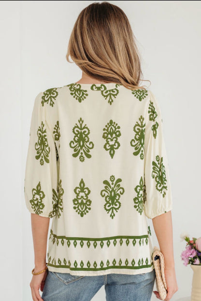 Pale Apricot Button Down Blouse w/ Green Floral Print & Puffy Half Sleeves