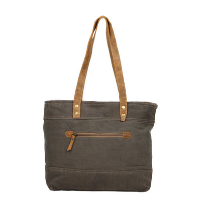 Myra Bag Oromos Canvas Tote Bag – Large Tribal Print Canvas & Leather Shoulder Bag with Hairon Detail, 18"x13", Women’s Boho Tote