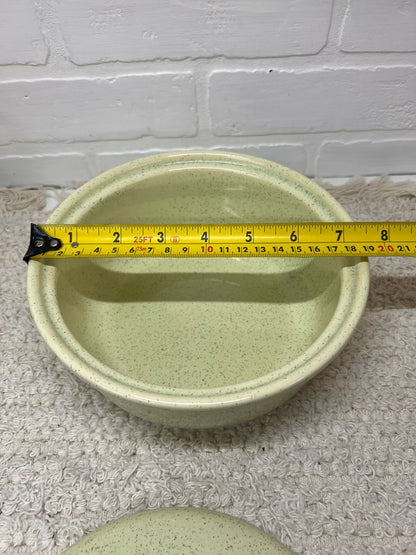 California Pottery MCM Mint Green Speckled Lidded Casserole Dish in Brass Caddy