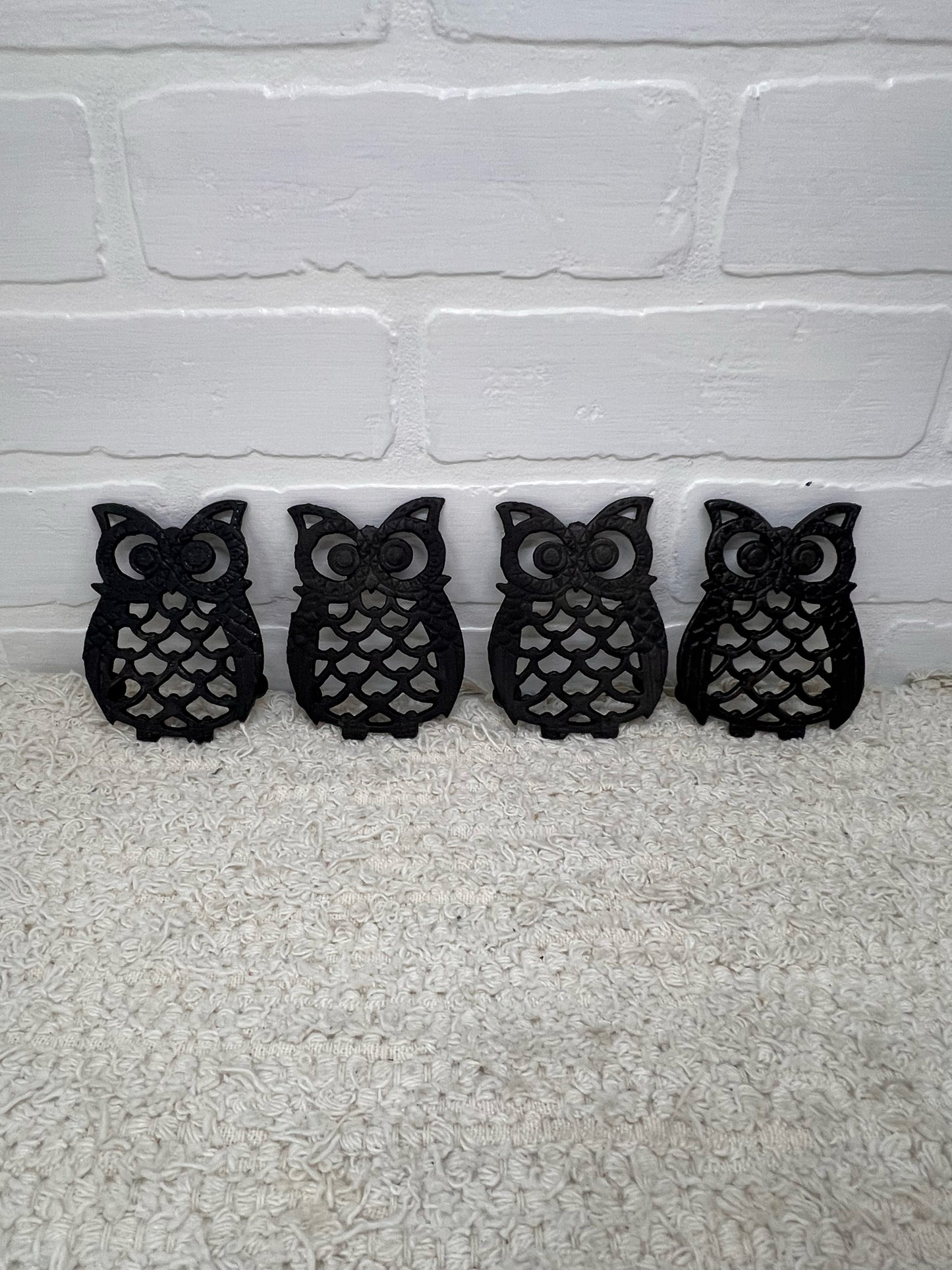 Vintage Metal Owl Trivet Set - Four 4 inch owls