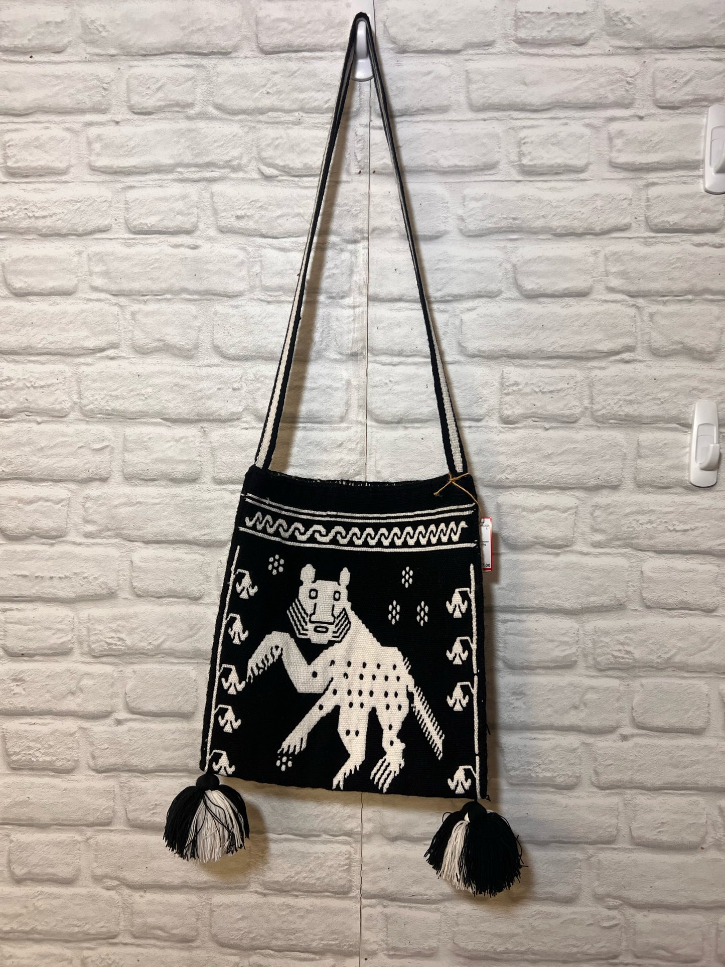 Vintage Peruvian Style Black & White Woven Tote Bag