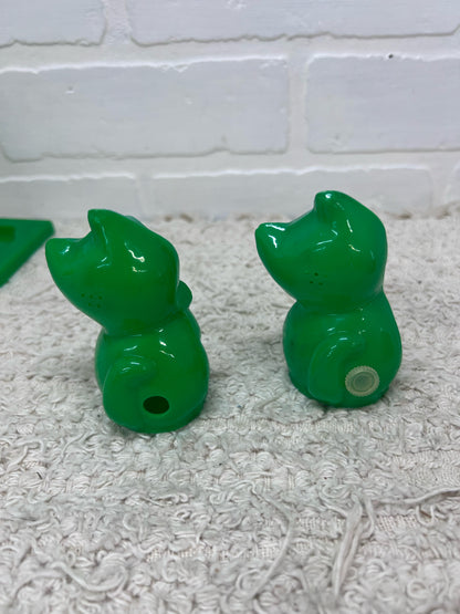 Green Plastic Kitty Vintage Salt & Pepper Shakers w/ Original Stand