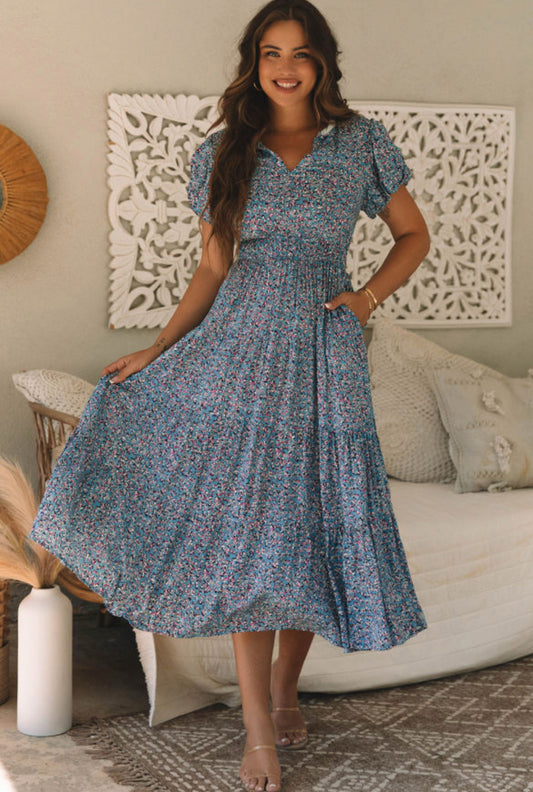 Blue Printed V-Neck Maxi Dress