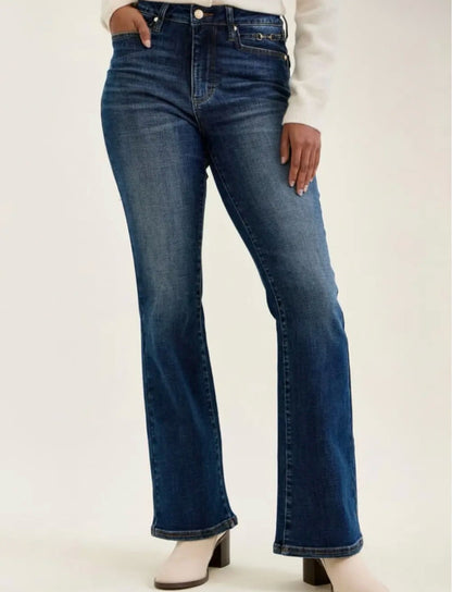 Judy Blue Midrise Daisy Bootcut Jeans with Harness Trim - Dark Sunset Ride