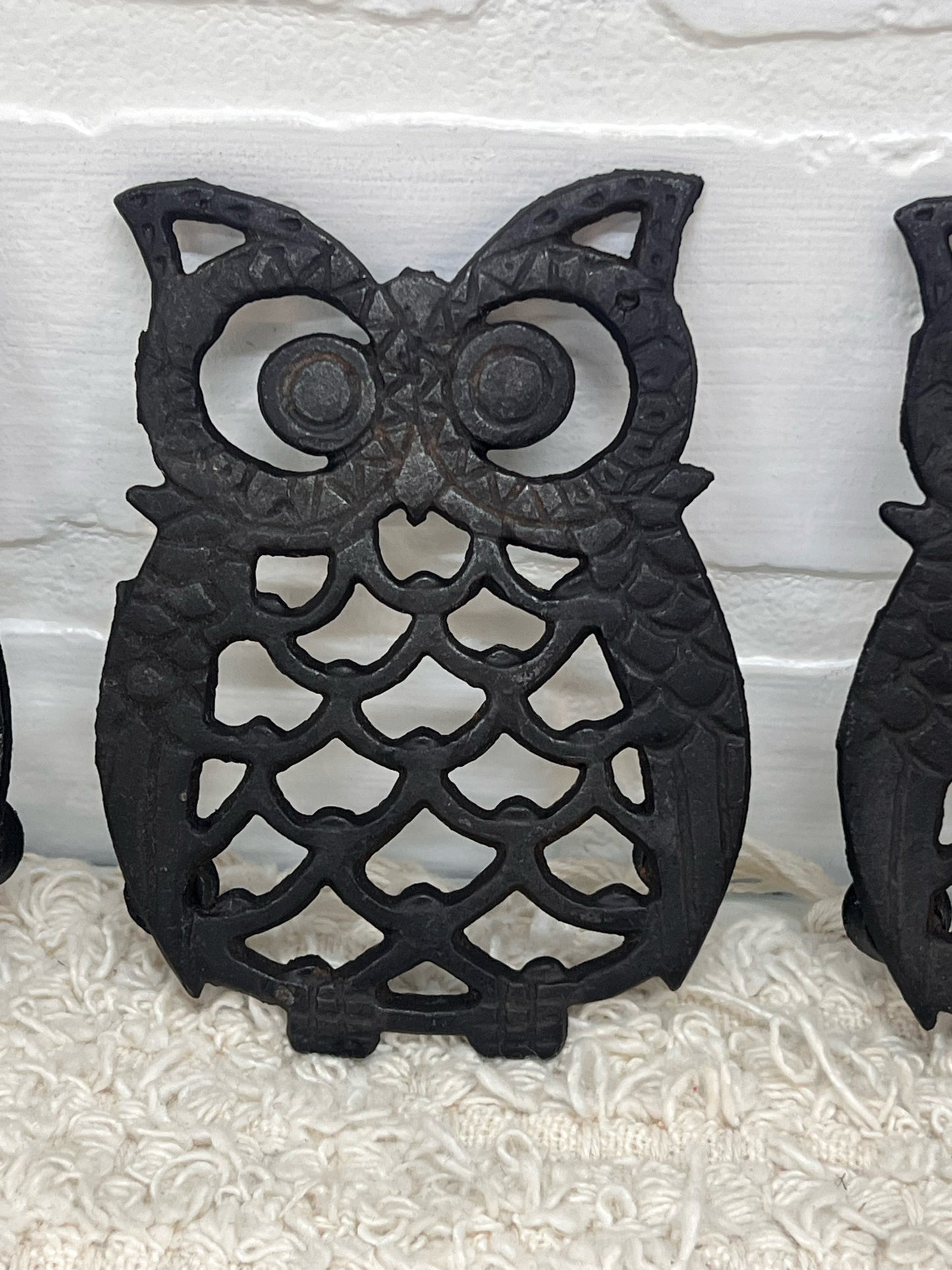 Vintage Metal Owl Trivet Set - Four 4 inch owls