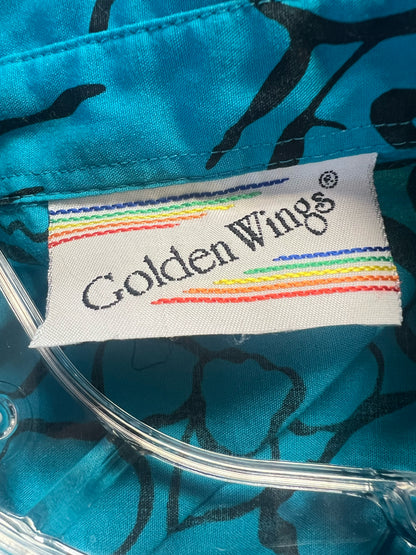 Size 40 Golden Wings Turquoise Floral Cotton Blouse - 1980s