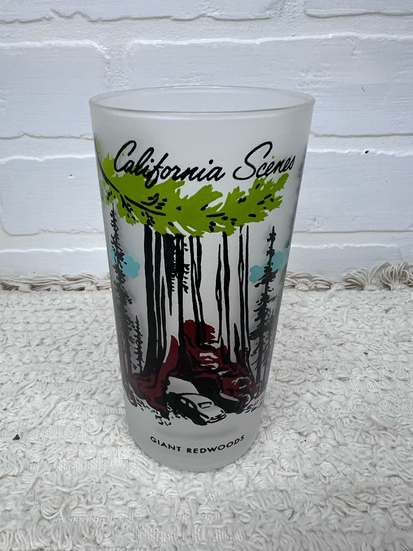 Vintage California Scenes Frosted Glasses Set of 8 Original Wire Carrier MCM Bar