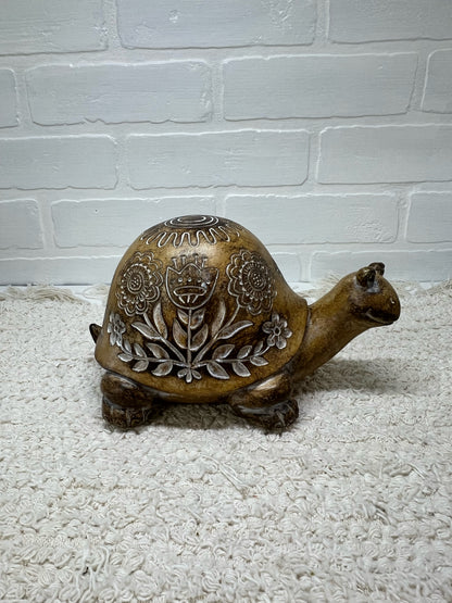 Faux wood resin floral turtle