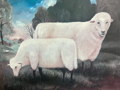 Elizabeth Gilkey framed folk art print 1988 sheep