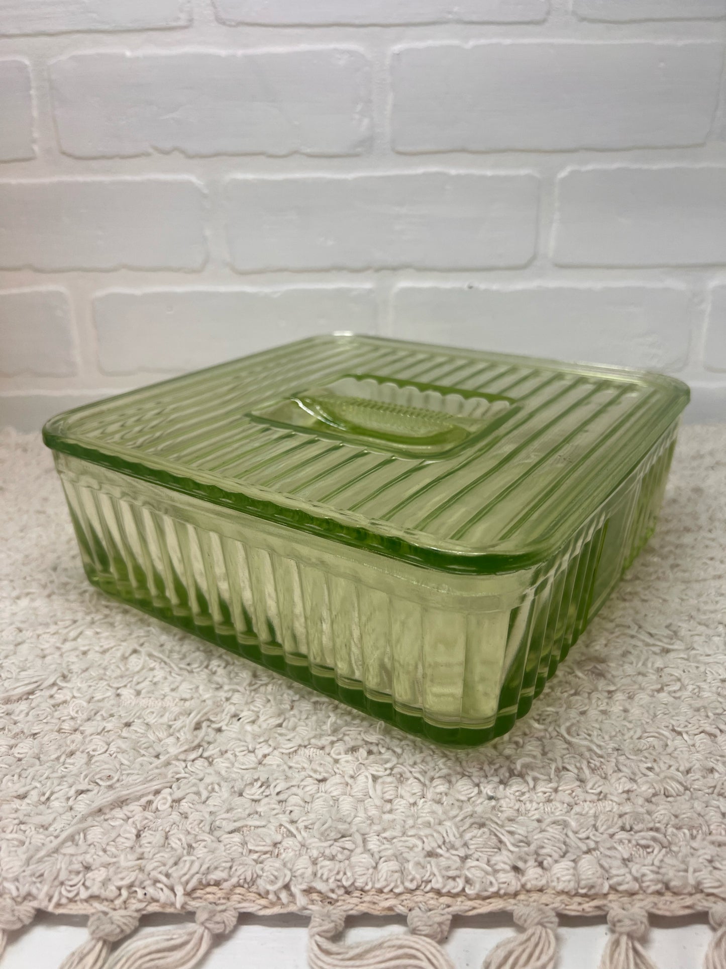 Uranium Glass Large Square Lidded Fridge Dish