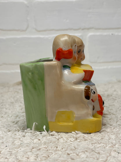 Vintage Planter Figure Two Children w/ Book & Dog