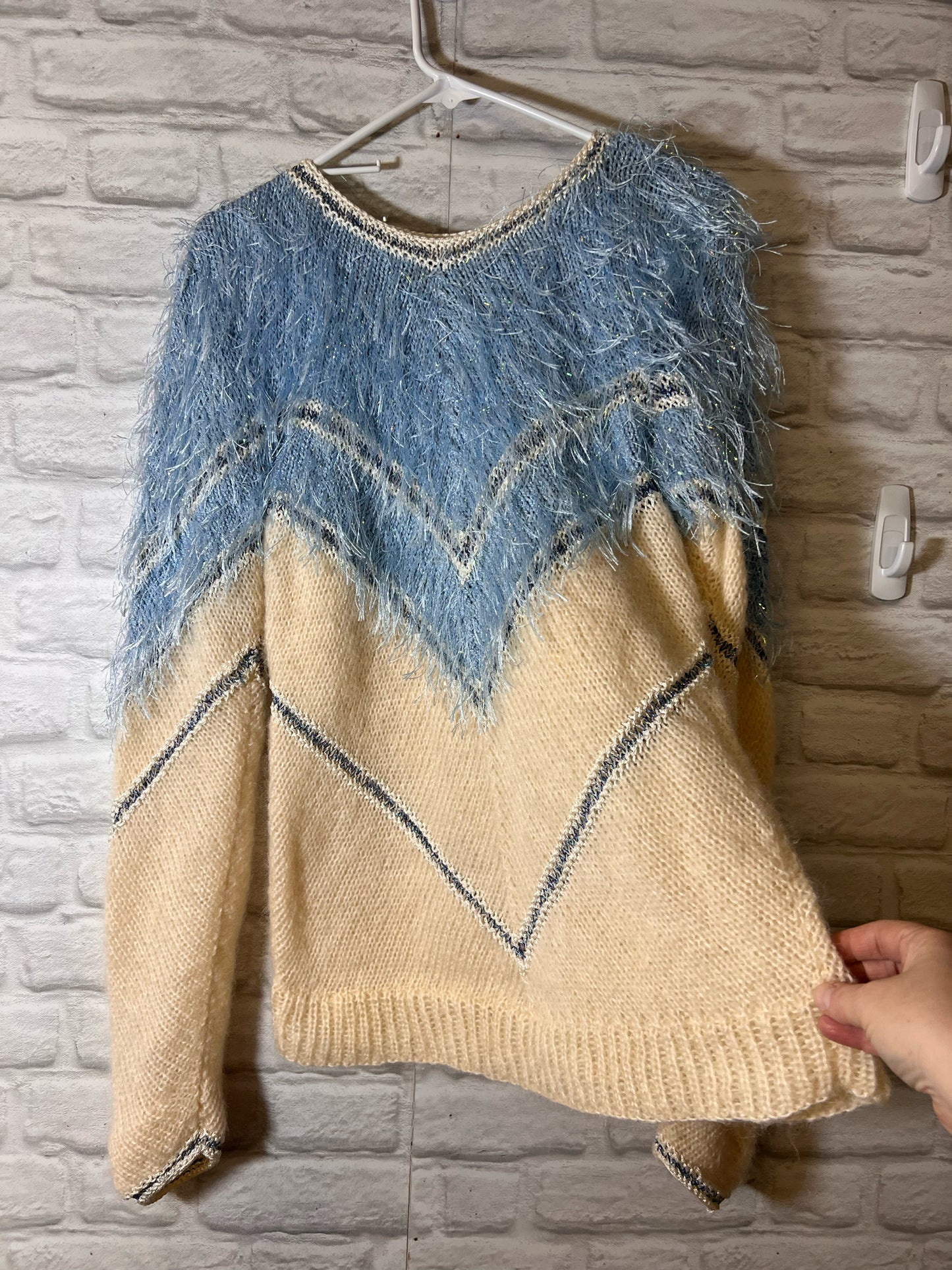 Handmade 80's Chevron Knit Blue & White Sweater w/ Metallic Fringe