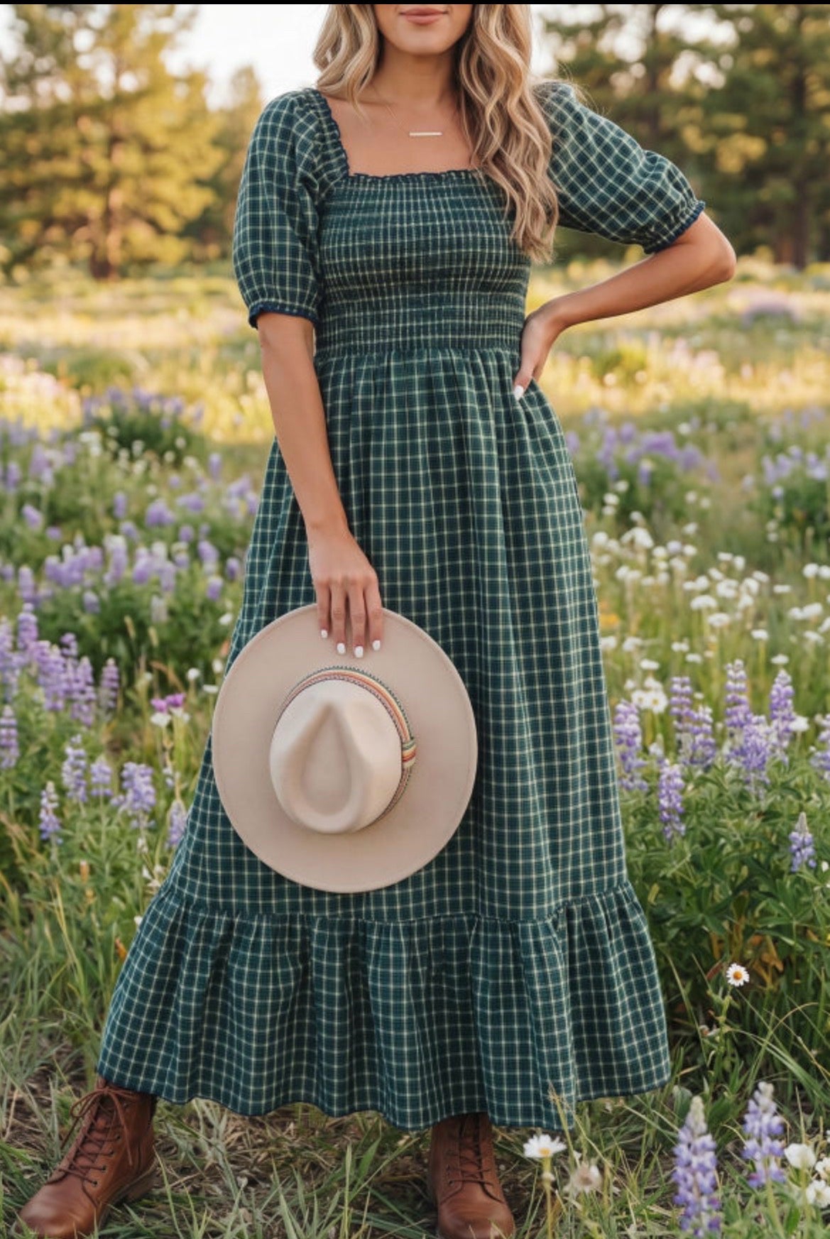 Green Plaid Square Neck Shirred High Wast Dress w/ Ruffle Hem