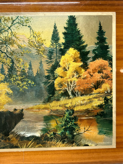 Vintage Foil Art Bear & Cubs Fall Scene on Wood
