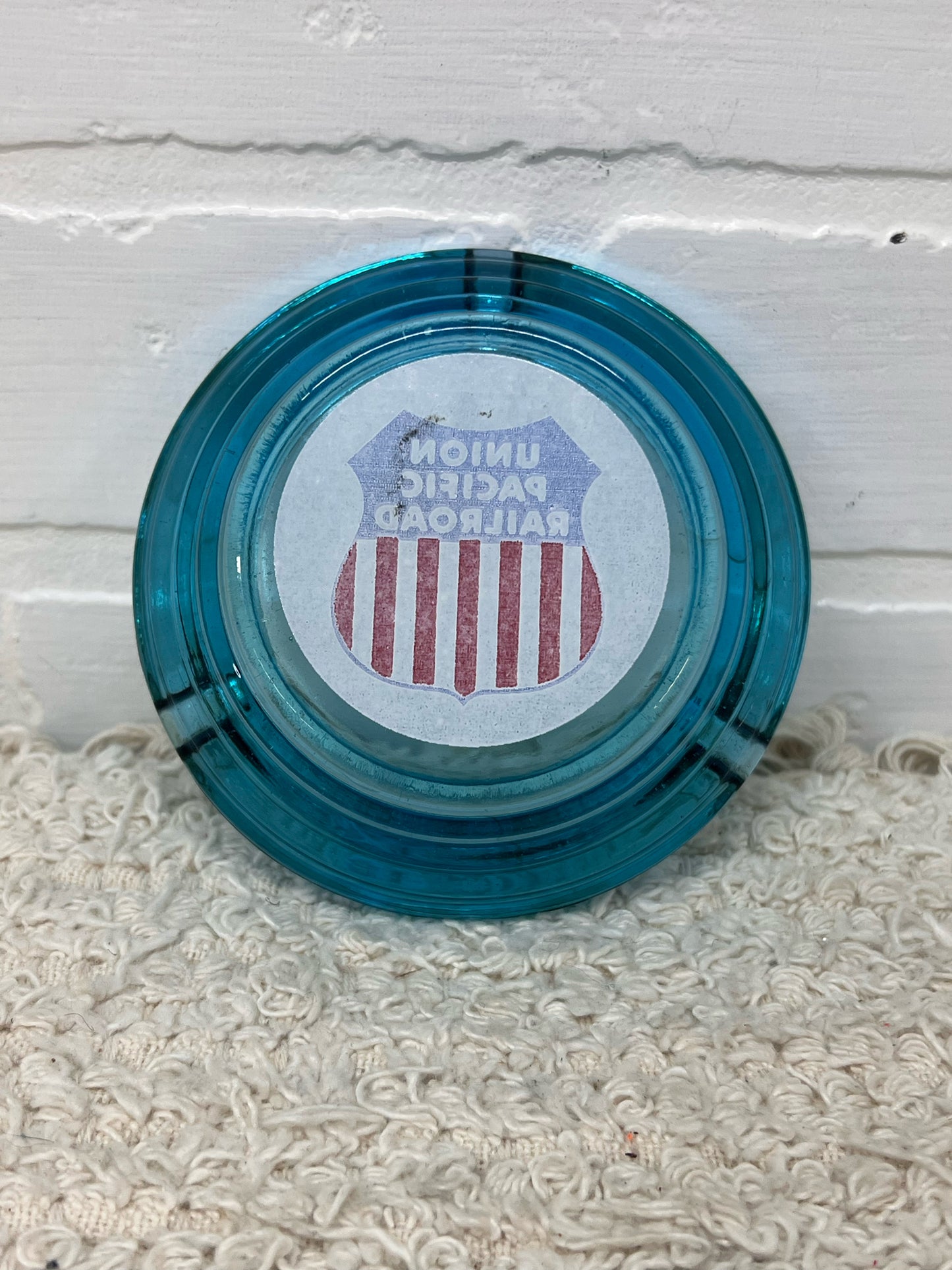 Vintage Union Pacific Railroad Blue Glass Shield Design Ashtray Circa 1960's