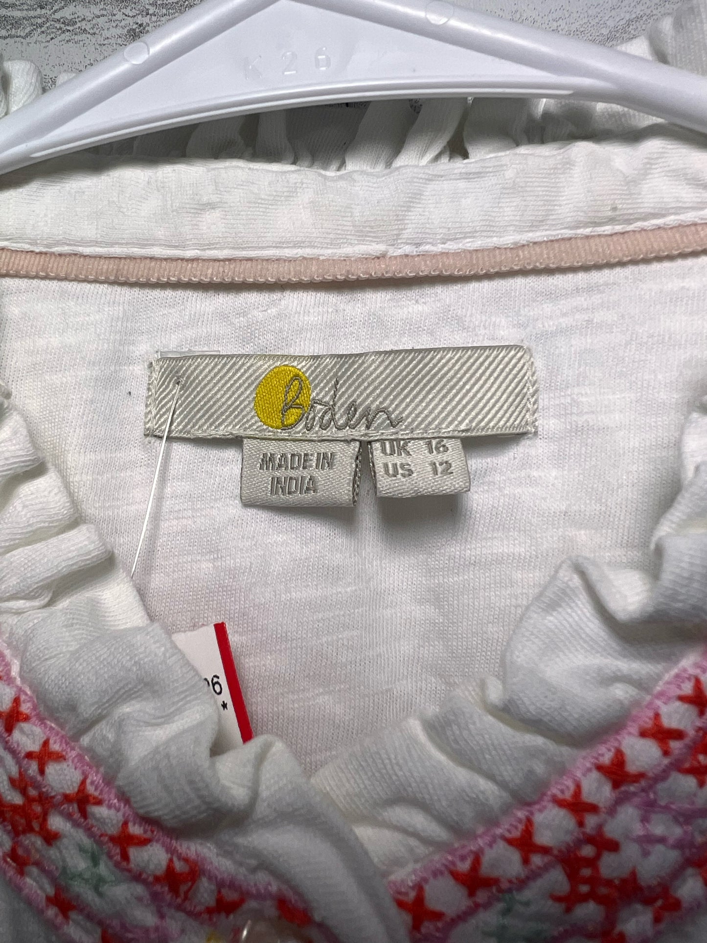 Size 12 Boden White Cotton Button Down Top w/ Embroidered Detail