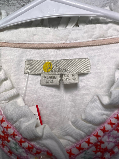 Size 12 Boden White Cotton Button Down Top w/ Embroidered Detail