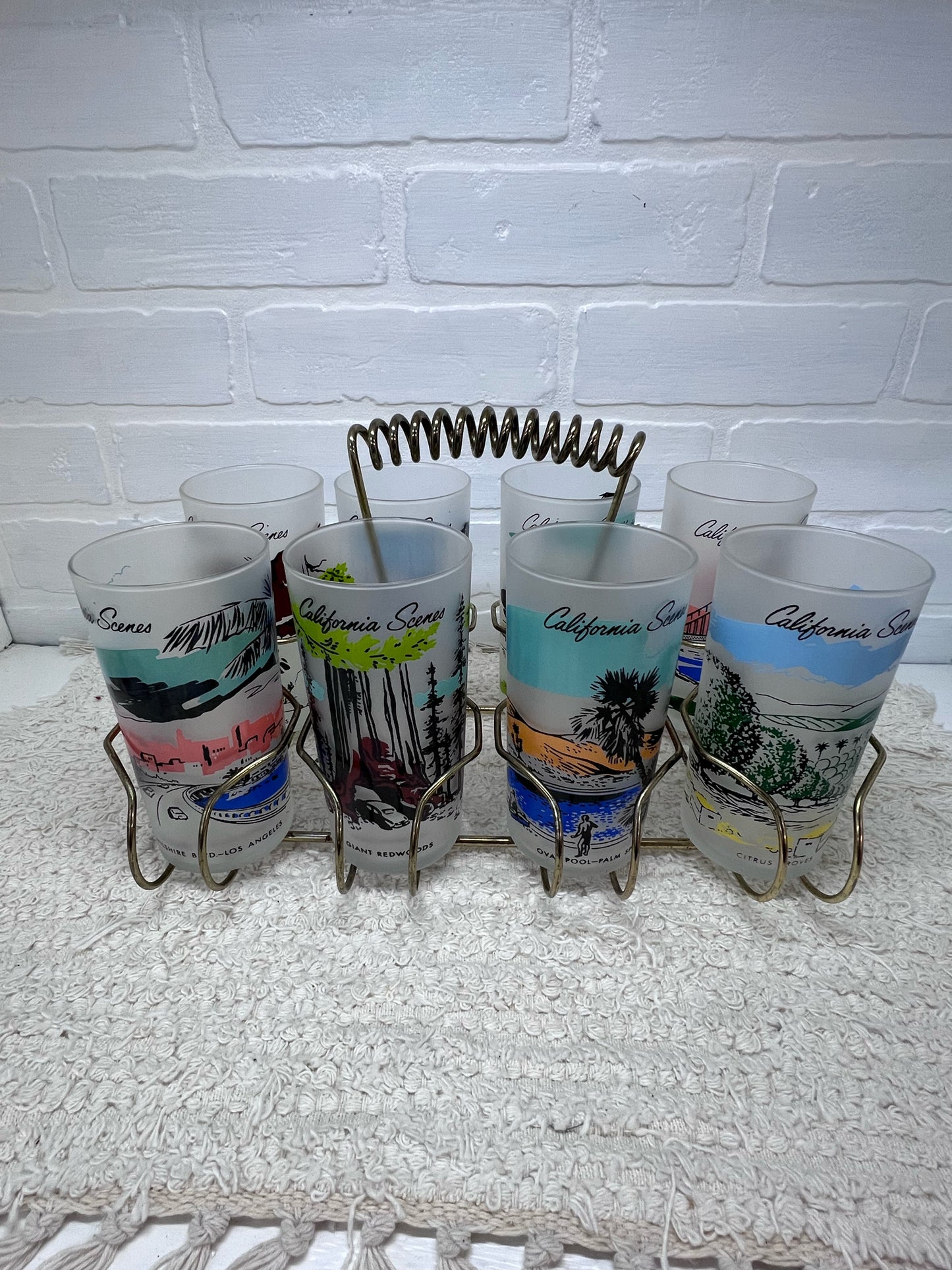 Vintage California Scenes Frosted Glasses Set of 8 Original Wire Carrier MCM Bar