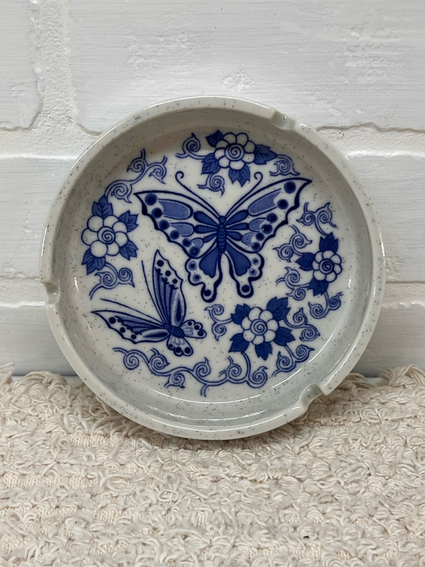 Vintage Cermic Ash Tray with Blue Butterfly Floral Design