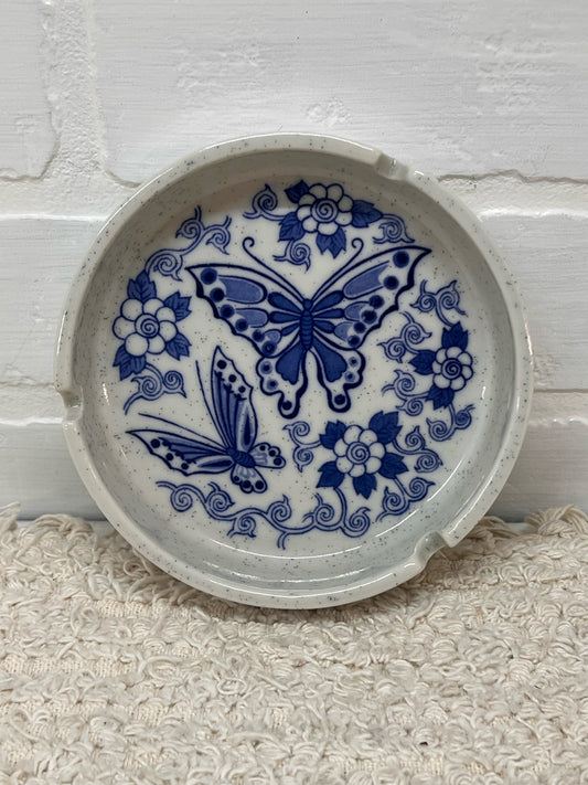 Vintage Cermic Ash Tray with Blue Butterfly Floral Design