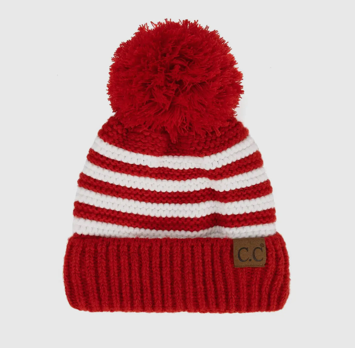 CC Chunky Knit Striped Pom Beanie – Red & White Winter Hat