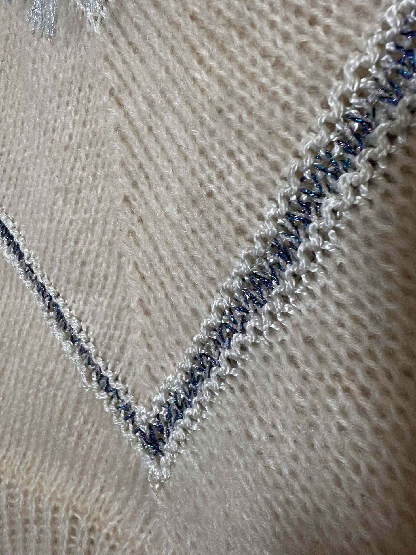 Handmade 80's Chevron Knit Blue & White Sweater w/ Metallic Fringe