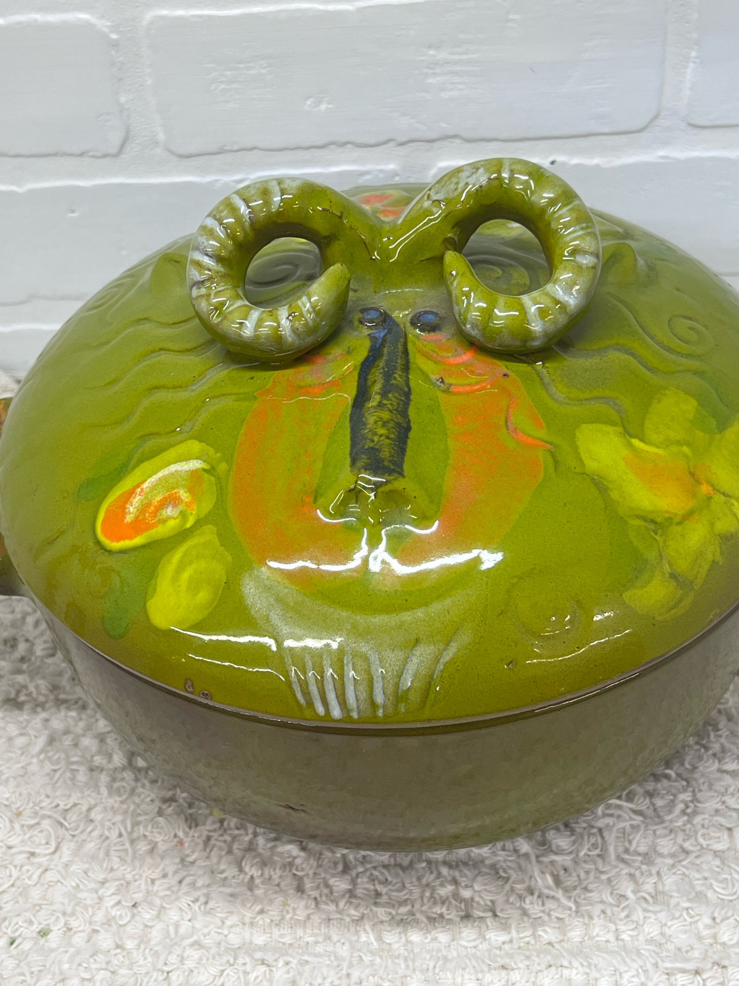 Pacific Stoneware 1970's Floral Rams Head Capricorn Casserole