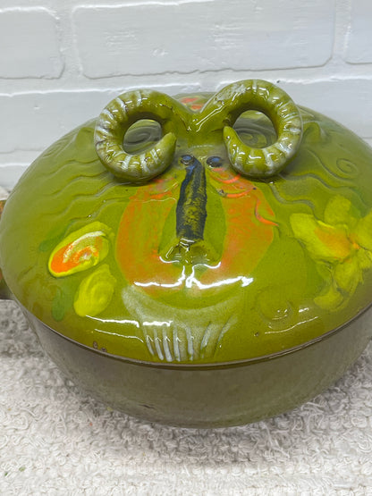 Pacific Stoneware 1970's Floral Rams Head Capricorn Casserole