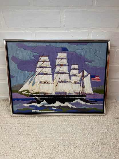 Vintage Crewel Work - Tall Ship at Sea