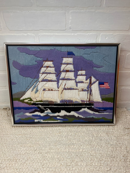 Vintage Crewel Work - Tall Ship at Sea