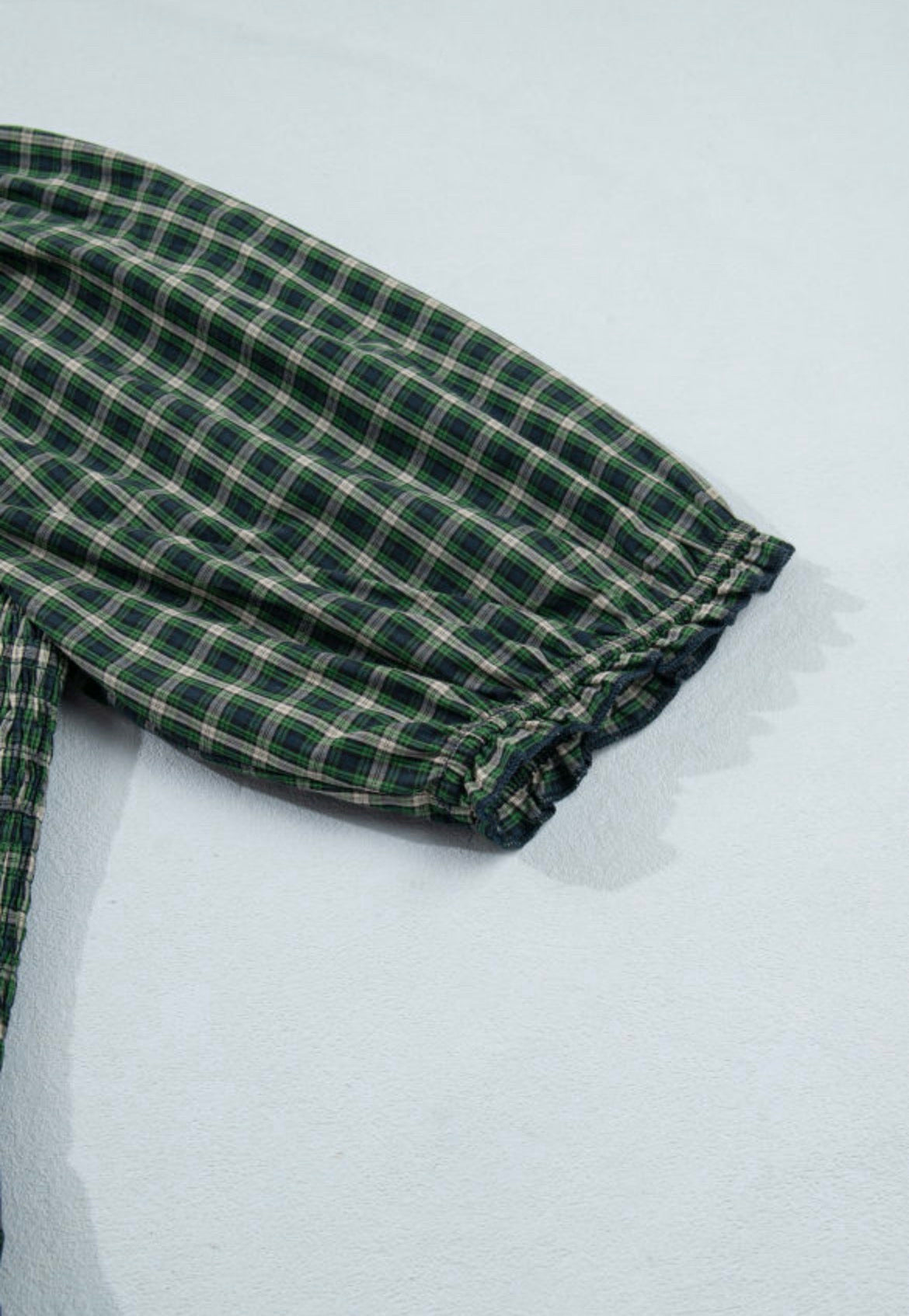Green Plaid Square Neck Shirred High Wast Dress w/ Ruffle Hem