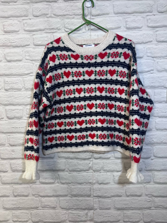 Size L Old Navy Cropped Fair Isle Heart Pattern Wool Blend Sweater