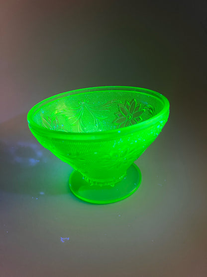 Vintage Uranium Glass Pressed Glass Floral Footed Bowl