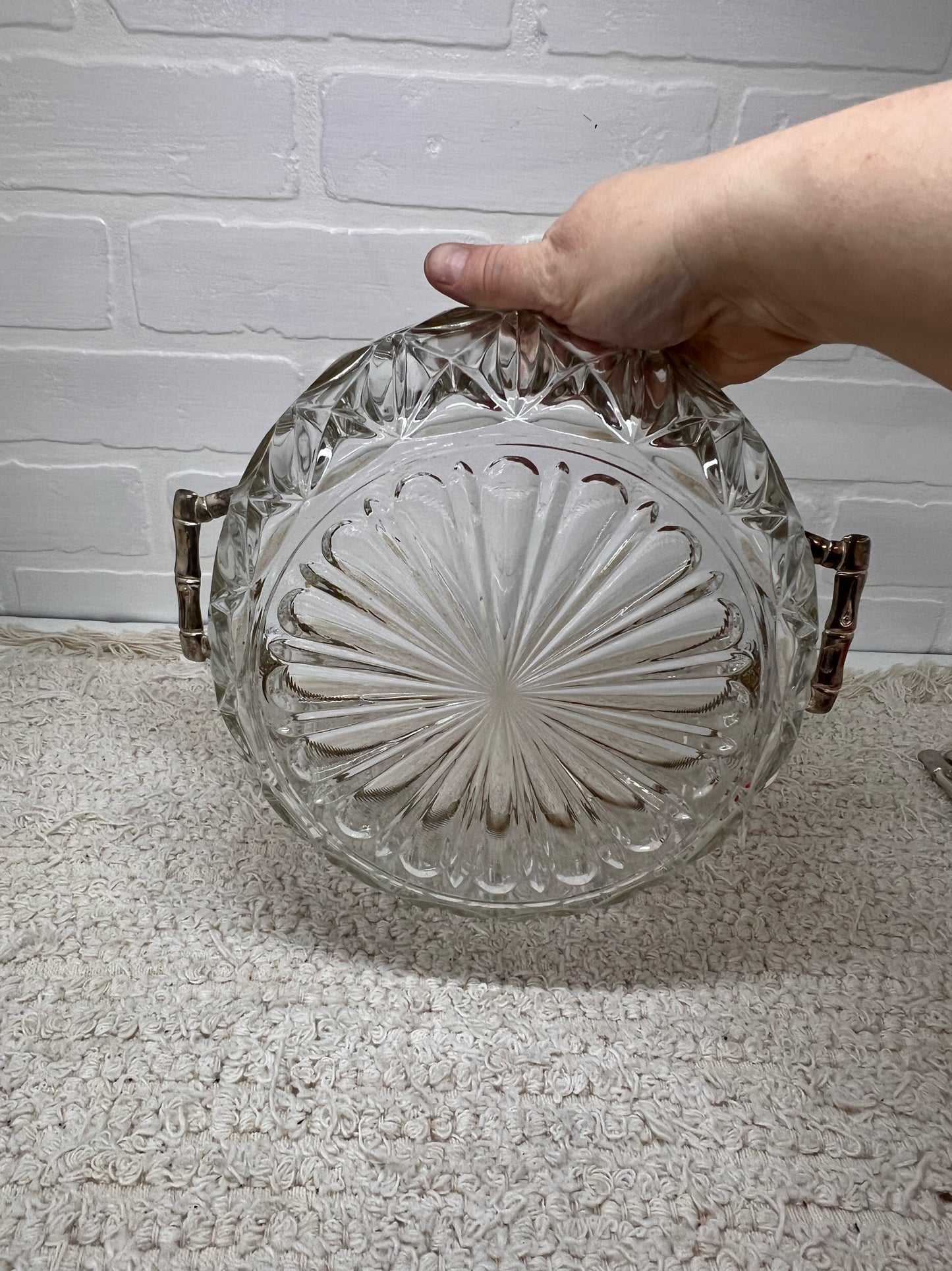 Vintage Cut Glass Serving Bowl w/ Silver Plated Trim and Serving Utensils