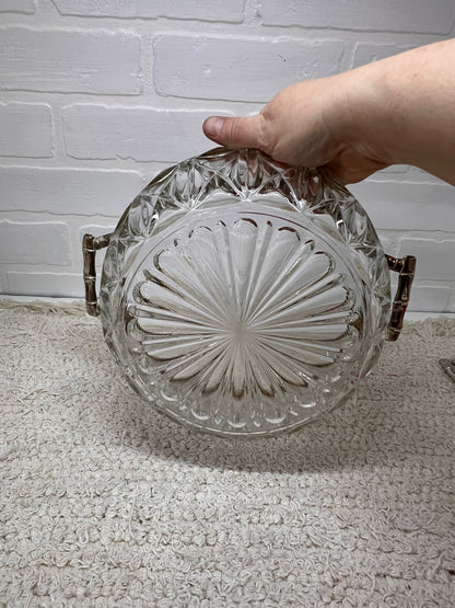 Vintage Cut Glass Serving Bowl w/ Silver Plated Trim and Serving Utensils