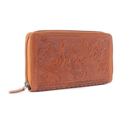 Myra Bag Rogue Hand-Tooled Leather RFID Wallet – Women’s Genuine Leather Western Wallet with Multiple Card Slots, 7.5"x4", Secure Mid-Open Design