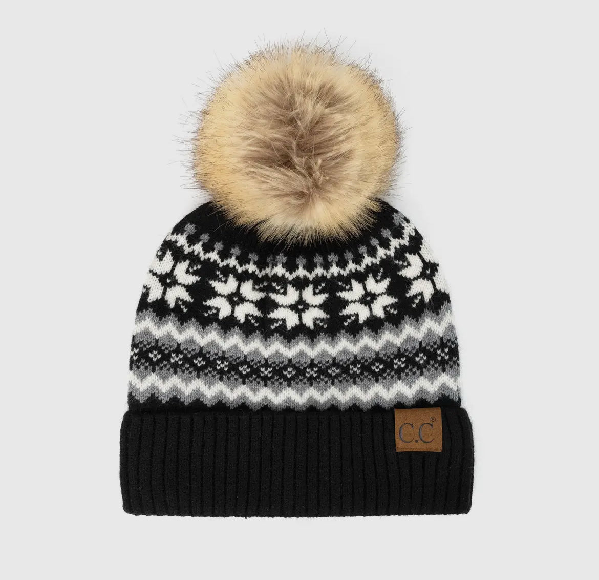 Cozy CC Fair Isle Pom Beanie | Winter Knit Hat in Neutral Tones